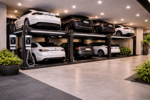 Parking lift ecológico para edificios residenciales y corporativos en garaje moderno con iluminación eficiente y autos eléctricos