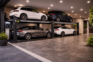 Capacidad ideal de parking lift para proyecto residencial en garaje moderno con plataformas dobles y autos de distintos tamaños