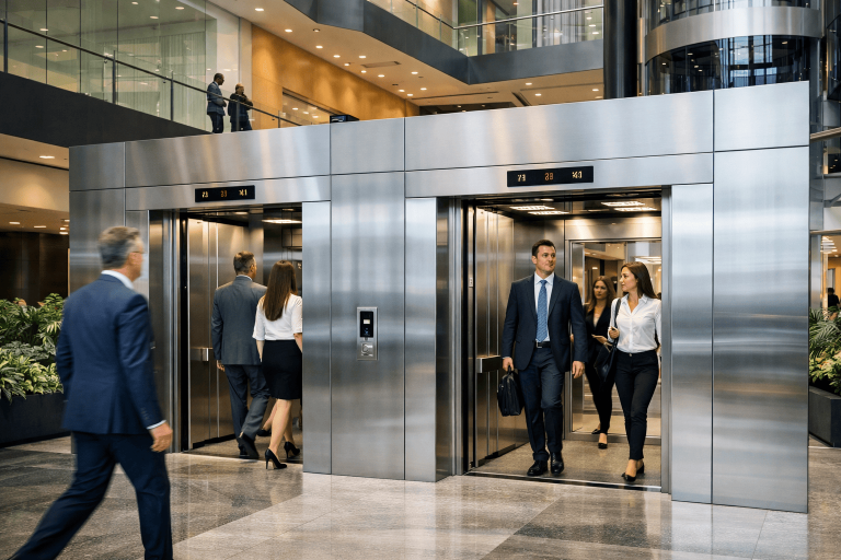 elevadores comerciales en edificio corporativo moderno en México con alto flujo y diseño eficiente