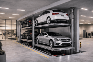 elevadores para autos en proyecto inmobiliario moderno con sistema de estacionamiento vertical en México