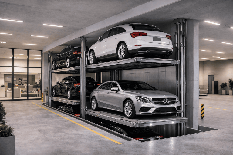 elevadores para autos en proyecto inmobiliario moderno con sistema de estacionamiento vertical en México
