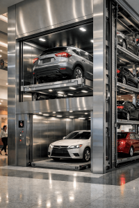 elevador comercial para autos en México en edificio de alto tráfico con sistema de estacionamiento vertical