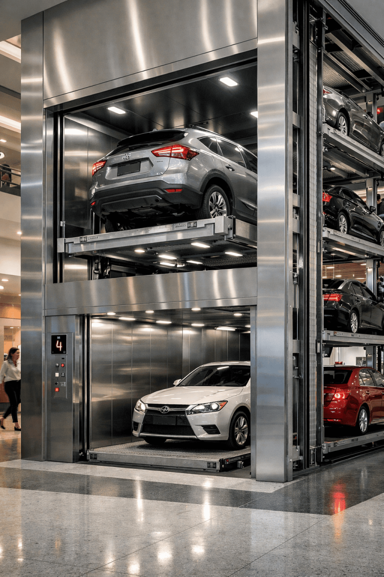 elevador comercial para autos en México en edificio de alto tráfico con sistema de estacionamiento vertical