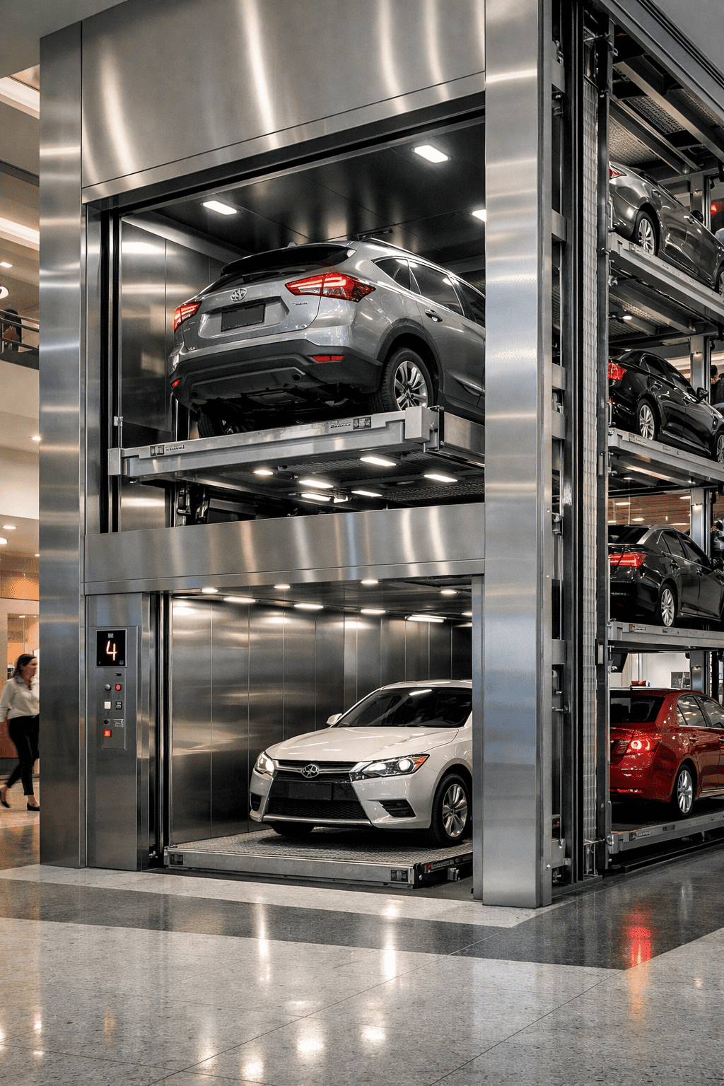 elevador comercial para autos en México en edificio de alto tráfico con sistema de estacionamiento vertical