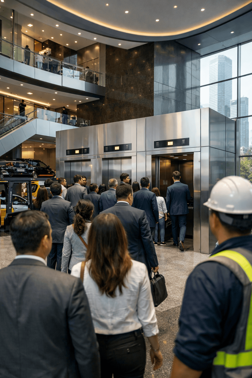 elevadores comerciales en edificio grande con alto flujo de personas y diseño moderno en México