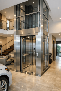 elevador residencial moderno instalado en casa de varios niveles en México con diseño elegante