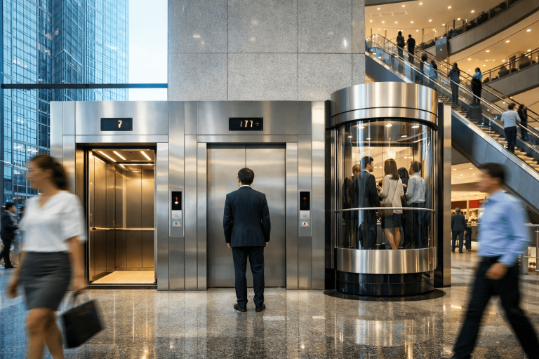 elevadores comerciales en México en edificio moderno con alto flujo y sistema eficiente de transporte vertical