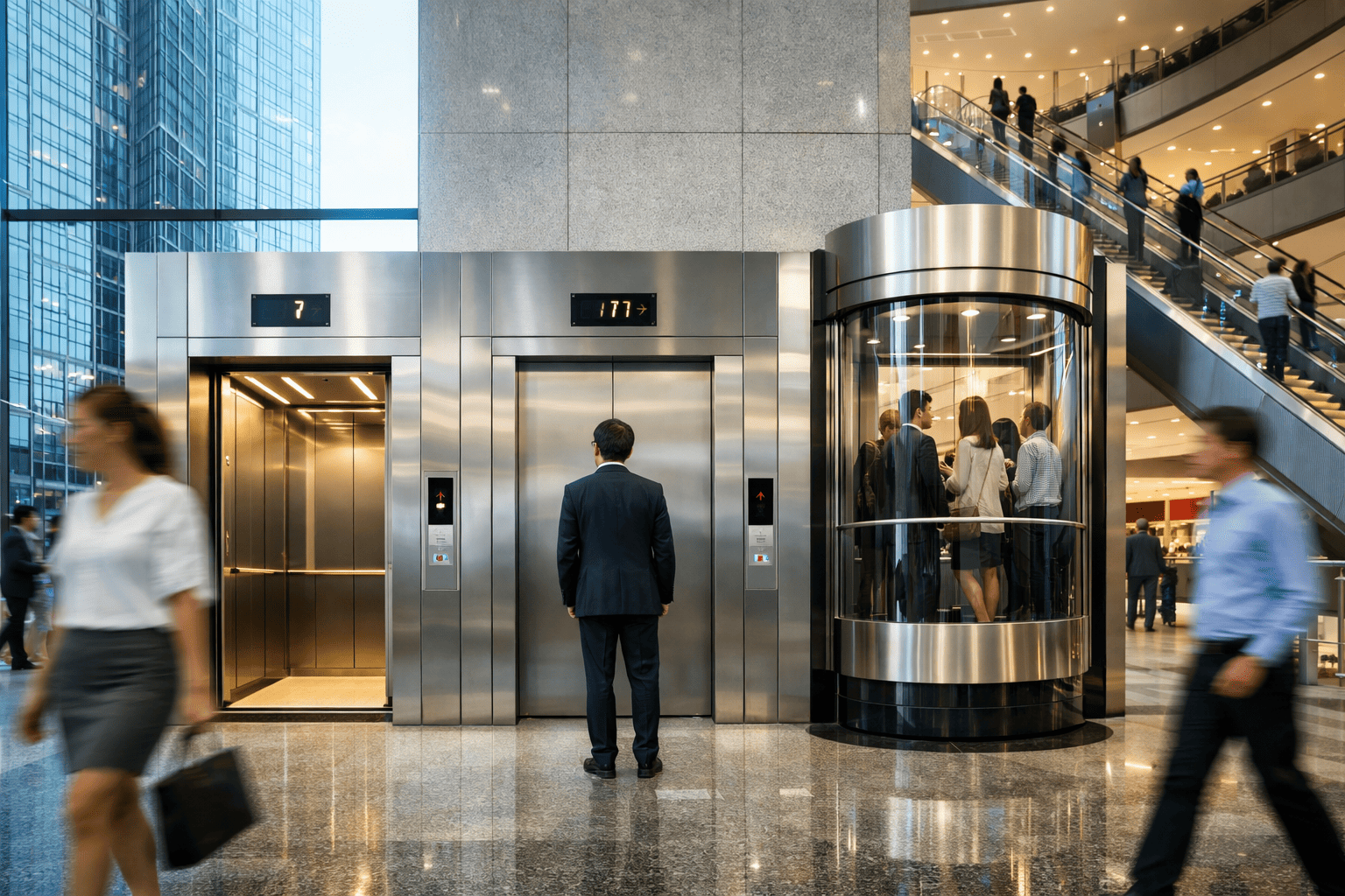 elevadores comerciales en México en edificio moderno con alto flujo y sistema eficiente de transporte vertical