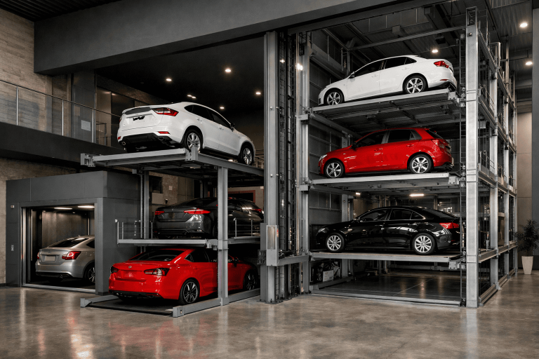 elevadores para autos en México instalados en edificio moderno con sistema de estacionamiento vertical