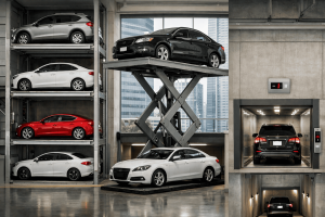 elevadores para autos en edificio moderno con sistema de estacionamiento vertical según tipo de uso