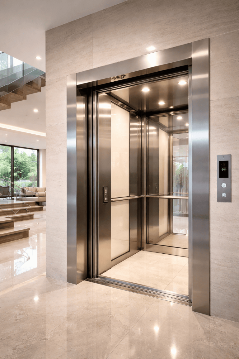elevador residencial moderno instalado en casa en México con diseño elegante y compacto