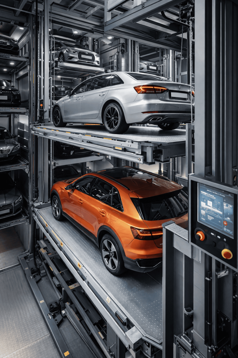 sistema moderno de elevadores para autos en México con estacionamiento vertical automatizado