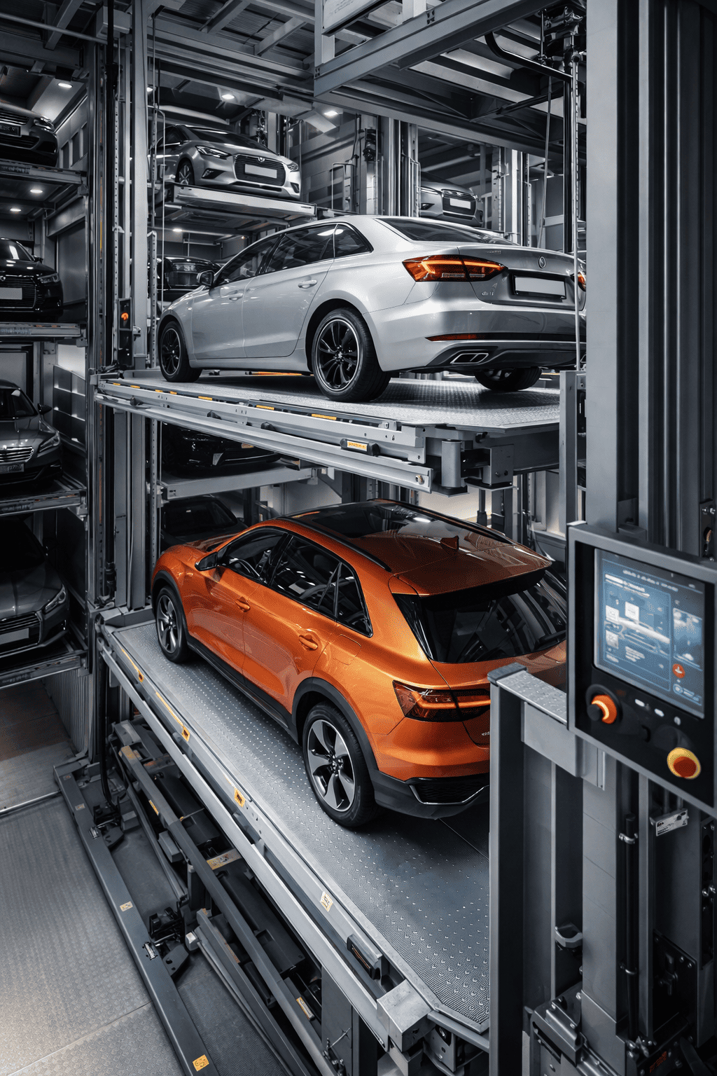 sistema moderno de elevadores para autos en México con estacionamiento vertical automatizado