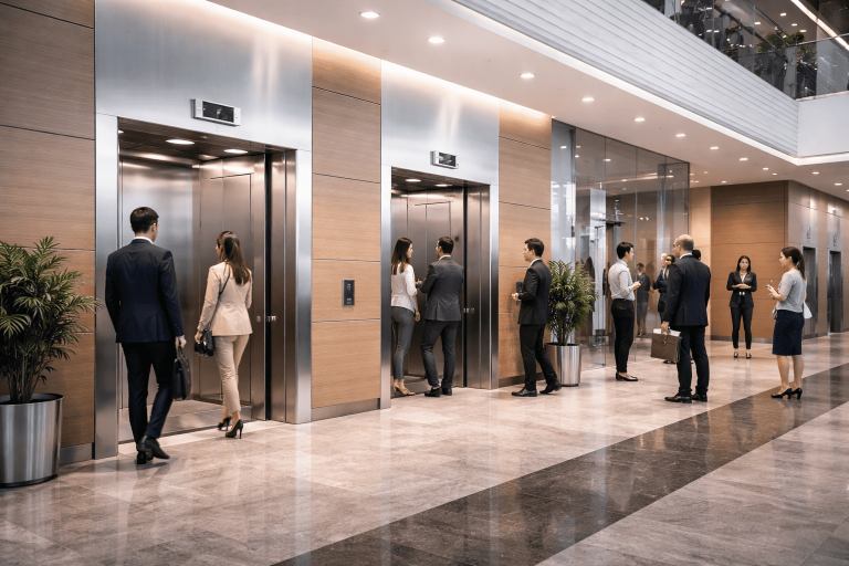 elevadores comerciales modernos en edificio corporativo en México con alto flujo de personas