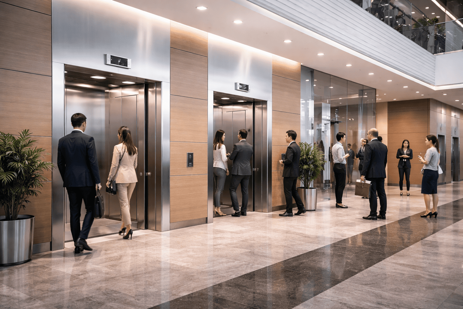 elevadores comerciales modernos en edificio corporativo en México con alto flujo de personas