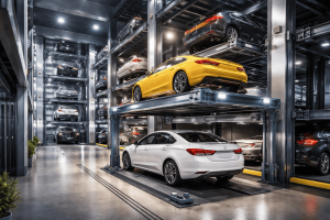 sistemas de elevadores para autos en México en estacionamiento moderno con sistema vertical automatizado