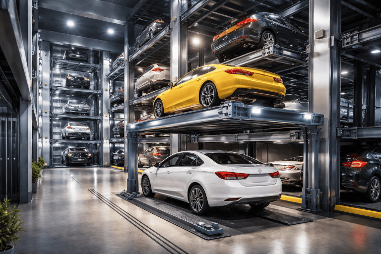 sistemas de elevadores para autos en México en estacionamiento moderno con sistema vertical automatizado