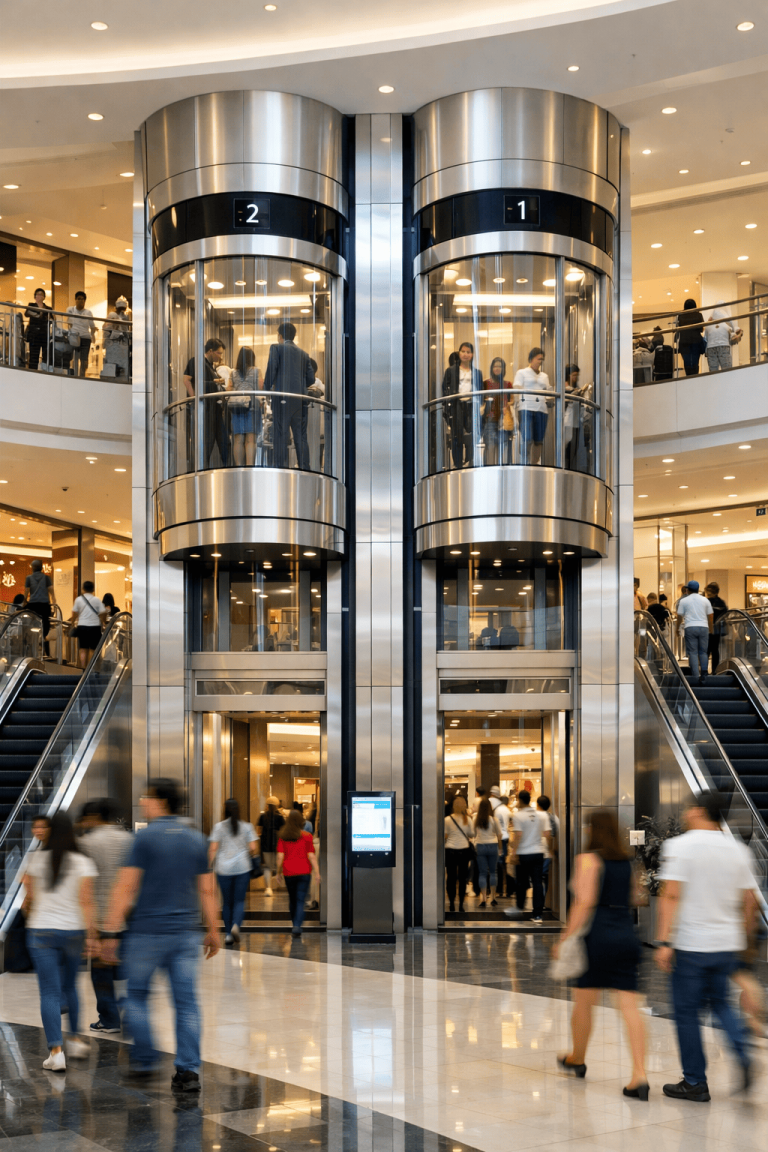 elevadores comerciales en centro comercial moderno con alto flujo de personas y sistema eficiente