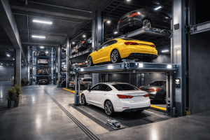 sistema de elevador para autos en estacionamiento subterráneo moderno con sistema de estacionamiento vertical