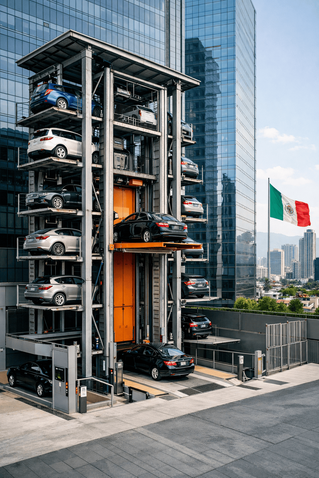 sistema de estacionamiento vertical automatizado en edificio moderno en México con elevadores para autos