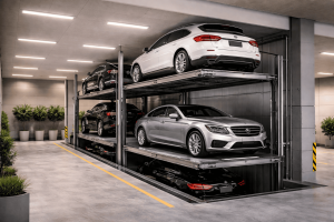 elevador para autos en edificio moderno con sistema de estacionamiento vertical en México