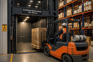 elevador montacargas industrial en México operando en almacén comercial con carga pesada