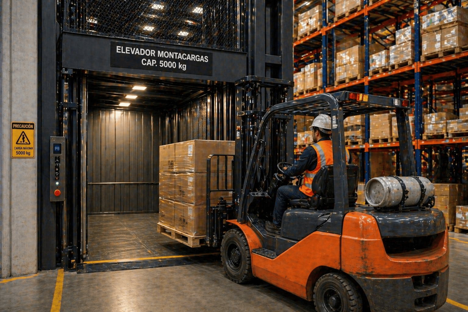 elevador montacargas industrial en México operando en almacén comercial con carga pesada