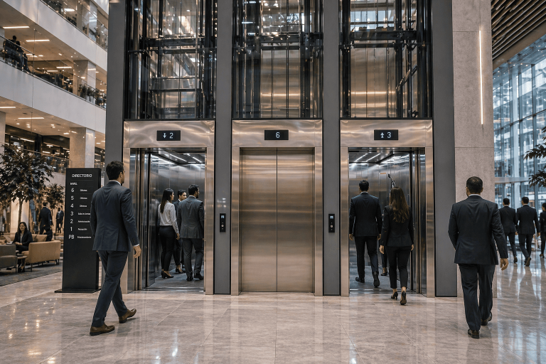 elevadores comerciales en México para alto flujo en edificio moderno corporativo