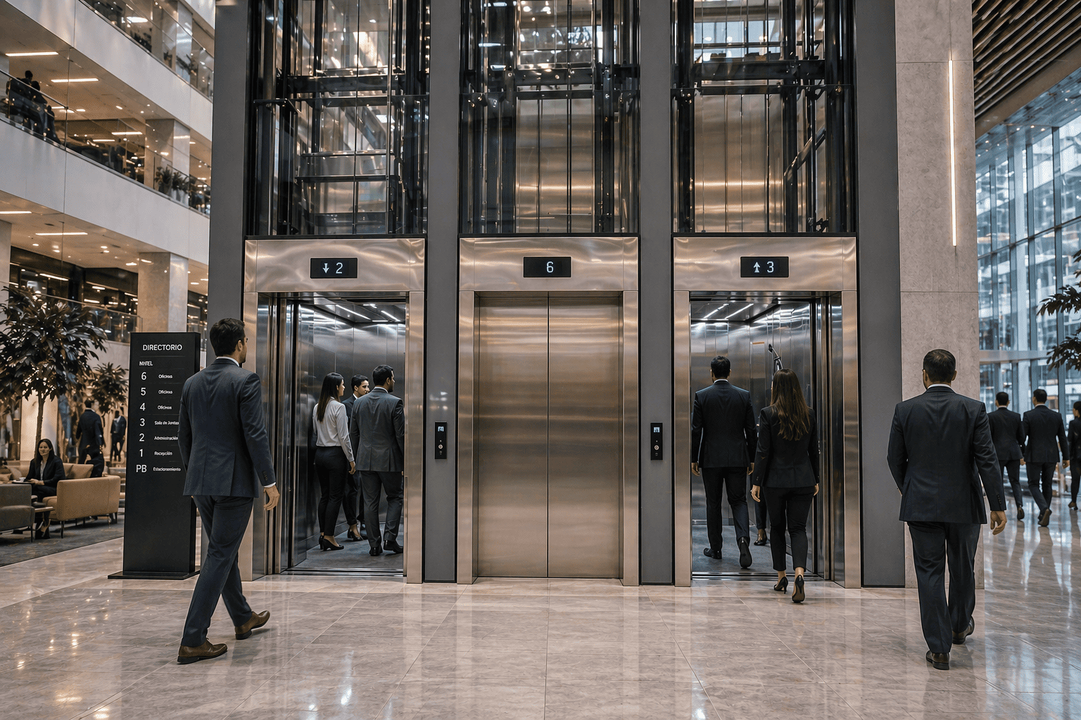 elevadores comerciales en México para alto flujo en edificio moderno corporativo
