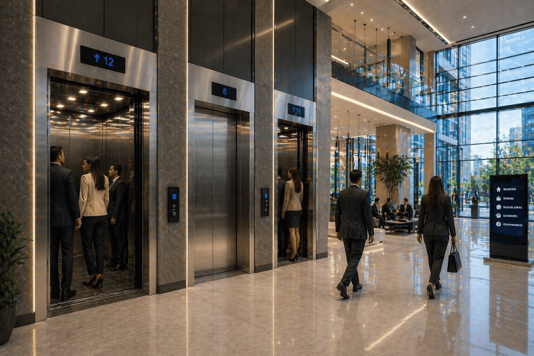 elevadores comerciales modernos en edificio inmobiliario en México con alto flujo y diseño eficiente