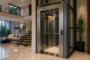 elevador residencial moderno en casa de lujo en México con diseño minimalista y estructura de vidrio