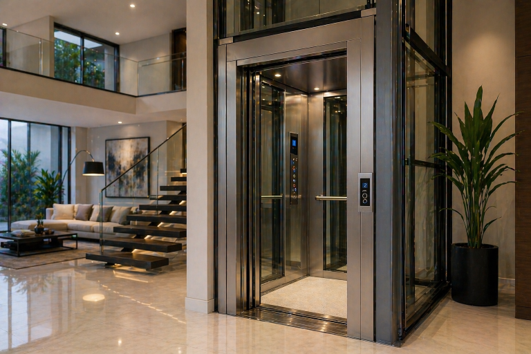 elevador residencial moderno en casa de lujo en México con diseño minimalista y estructura de vidrio