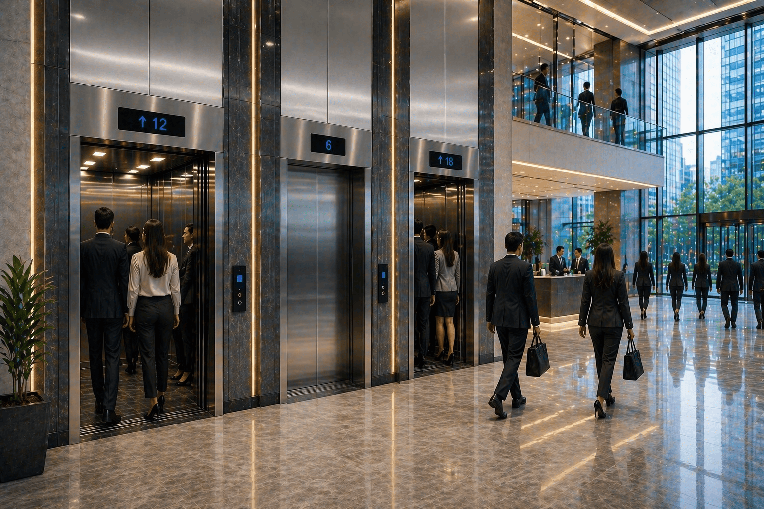 sistema de elevadores comerciales en México en edificio moderno con alto flujo y diseño eficiente