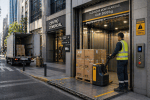 elevador montacargas en México operando en logística urbana con carga en edificio comercial moderno