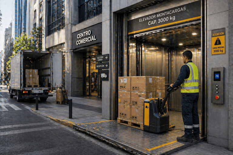 elevador montacargas en México operando en logística urbana con carga en edificio comercial moderno