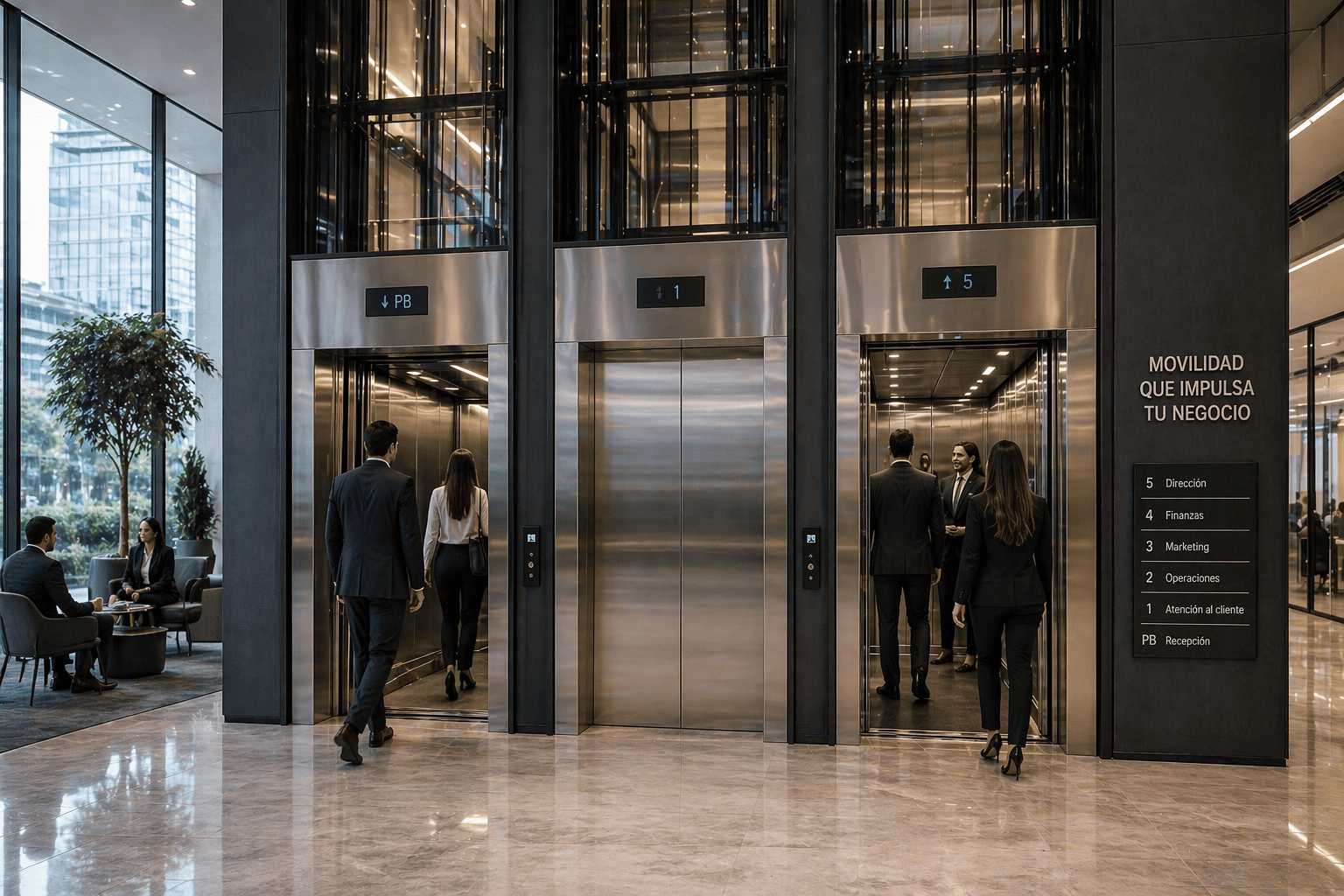 elevadores comerciales en México en edificio empresarial moderno con alto flujo de personas