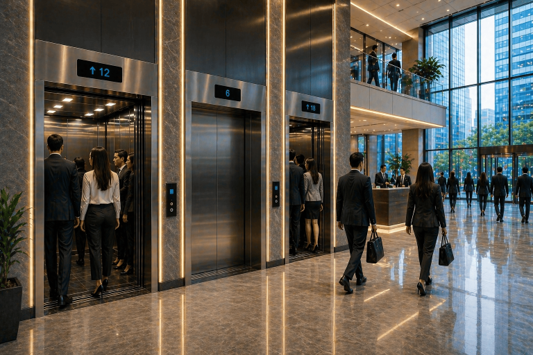 elevadores comerciales en México en edificio moderno con alto flujo y tecnología eficiente