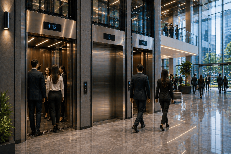 elevadores comerciales en México en edificio moderno con alto flujo y tecnología avanzada