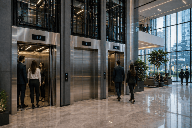 sistemas de elevadores comerciales en México en edificio moderno con alto flujo de personas