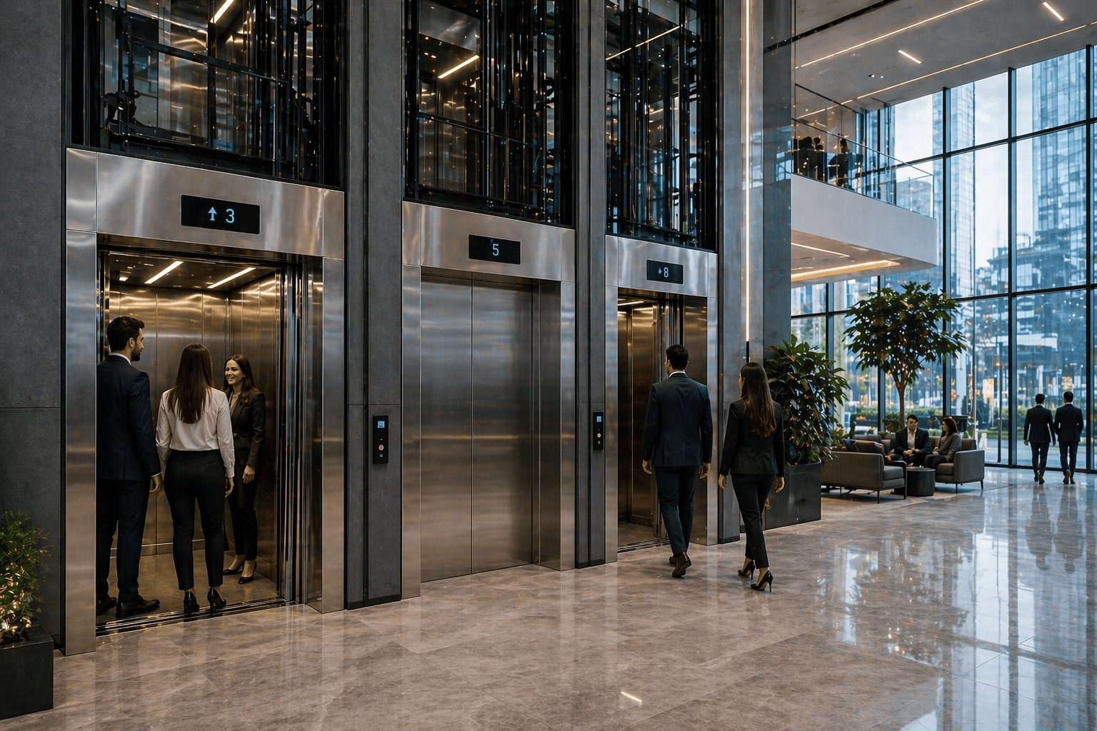 sistemas de elevadores comerciales en México en edificio moderno con alto flujo de personas