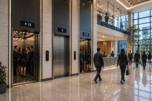sistemas de elevadores comerciales en México en edificio moderno con alto flujo y tecnología avanzada