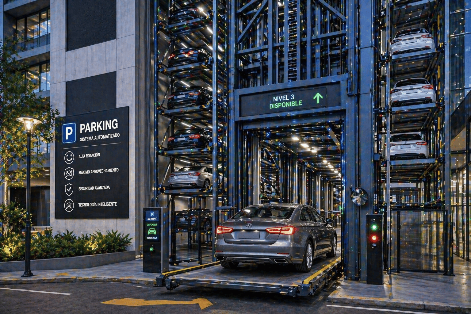 sistemas de parking en México para alta rotación con elevadores automáticos en edificio moderno