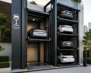 Elevador para estacionamiento vertical en México con autos en plataforma moderna
