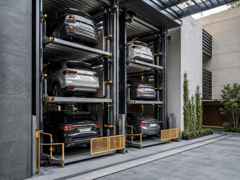 Instalación de sistemas de estacionamiento vertical en México con autos en plataformas modernas