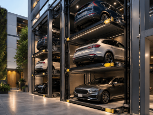 Sistema de estacionamiento vertical en México con autos en plataformas modernas
