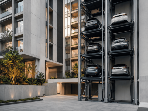 Sistema de estacionamiento vertical para edificios en México con autos en plataformas modernas