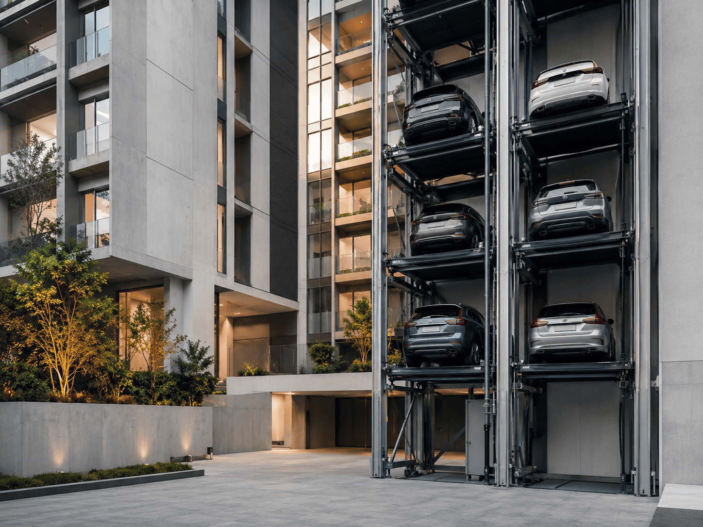 Sistema de estacionamiento vertical para edificios en México con autos en plataformas modernas