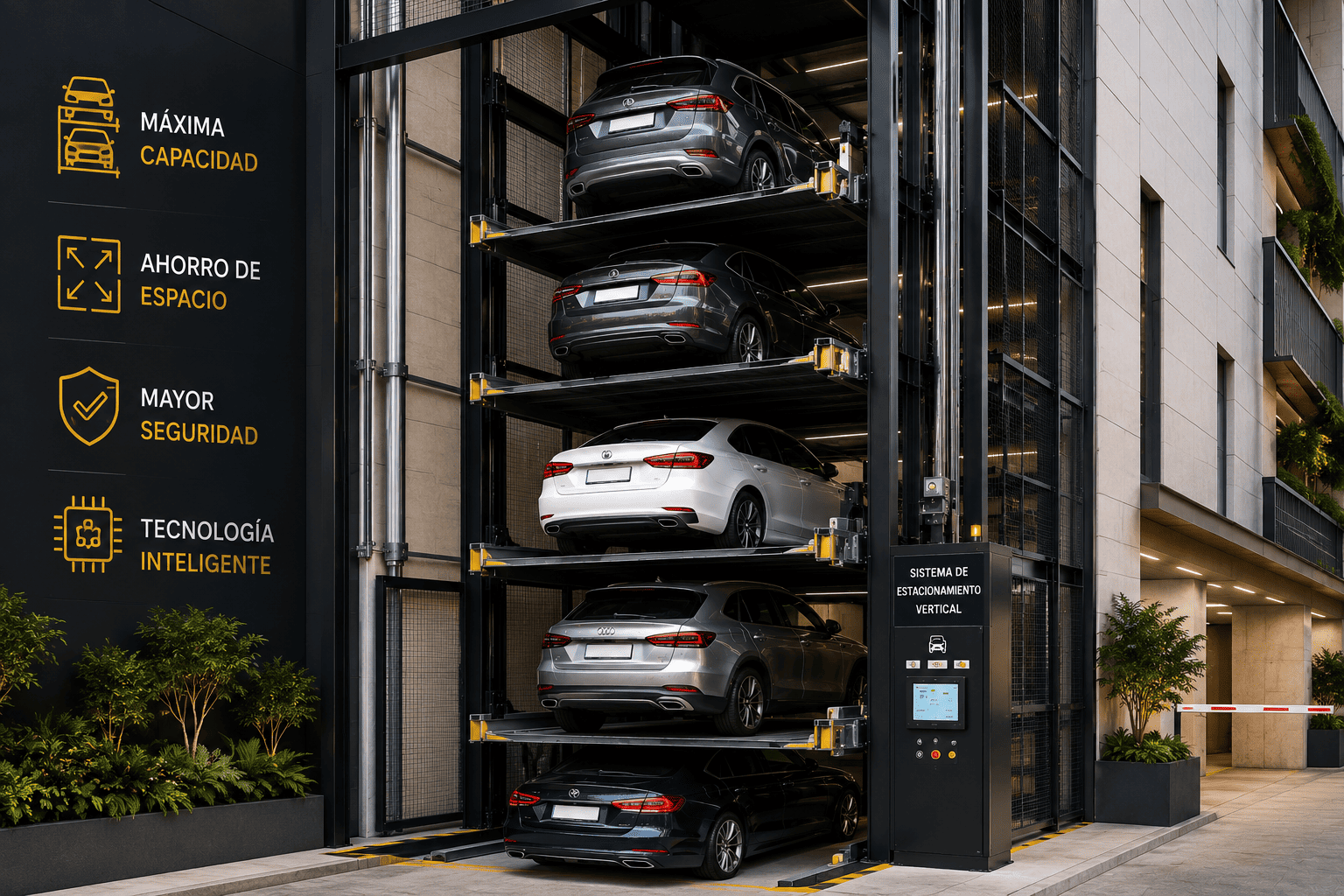 Mejor sistema de estacionamiento vertical en México con autos en plataformas modernas