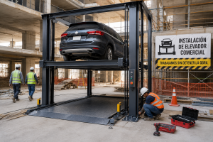 Instalación de elevadores comerciales en México sin detener la obra en estacionamiento en construcción