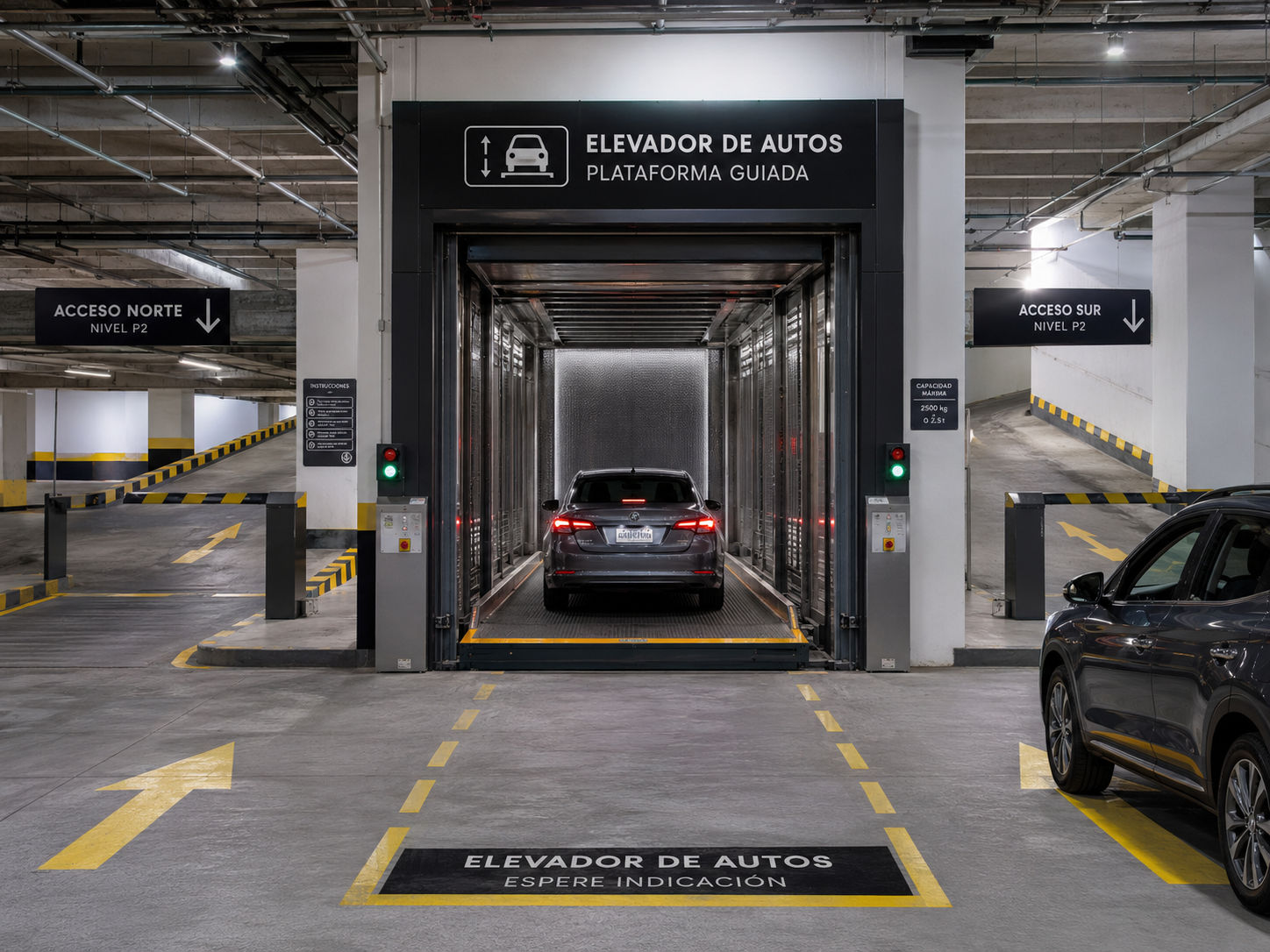 Elevadores comerciales para edificios con varios accesos, plataforma guiada y entradas vehiculares coordinadas.